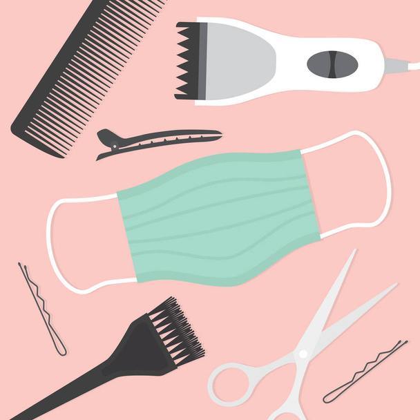 парикмахерские инструменты, посещение парикмахера во время пандемии коронавируса, защитные меры, маска для лица - векторная иллюстрация - Вектор,изображение