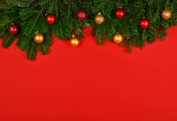 Close up fresh green spruce or pine Christmas tree branches decorated with cones, golden balls and baubles, over red background with copy space - Photo, Image