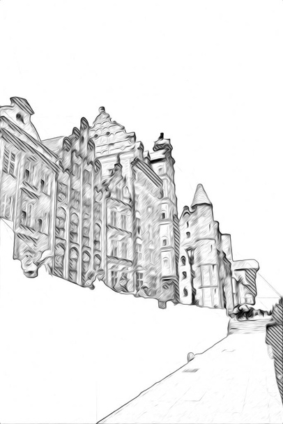 Szkic akwarelowy lub ilustracja pięknego widoku na architekturę Gdańska w Polsce - Zdjęcie, obraz