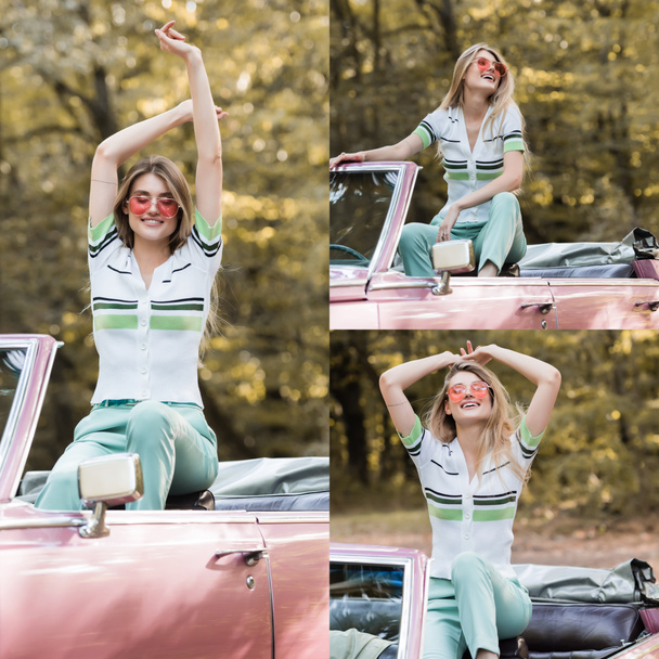 Collage of young woman in sunglasses smiling in vintage car  - Foto, imagen
