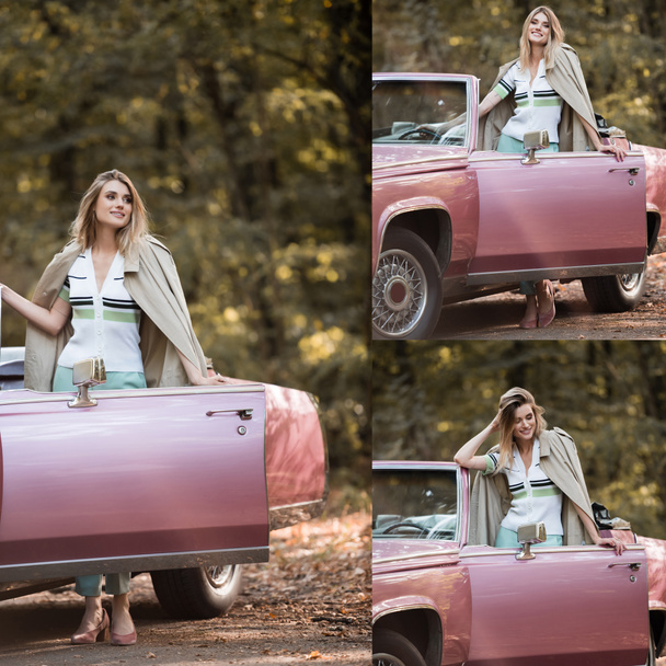 Collage of smiling woman in coat standing near car on road  - Fotografie, Obrázek