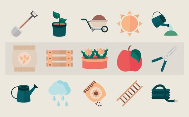 садовое оборудование, органические семена, удобрения,, обрезки, поливочные банки и другие инструменты плоский стиль иконки - Вектор,изображение