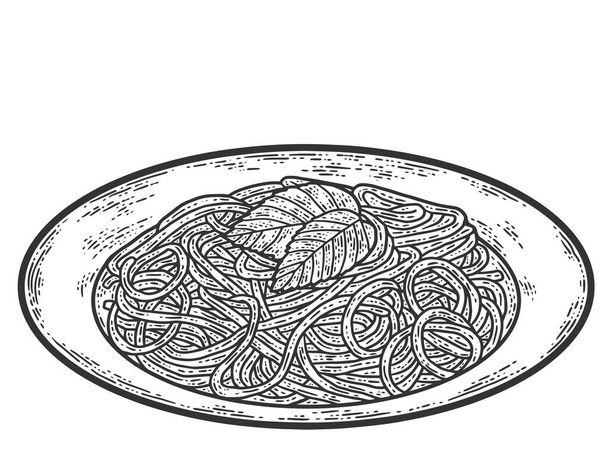 Plate with spaghetti. Sketch scratch board imitation. Black and white. - Vector, Image