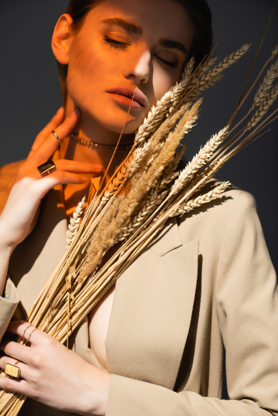 lighting on young woman in beige blazer holding barley spikelets on dark grey - Fotoğraf, Görsel