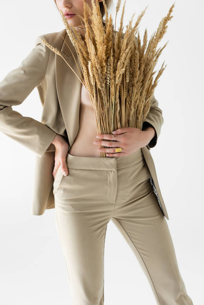 обрізаний вид сексуальної моделі в бежевому костюмі з пшеничними колосками позує ізольовано на білому
  - Фото, зображення