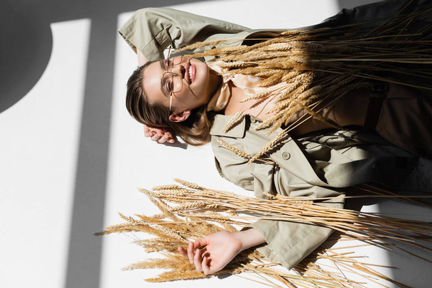 high angle view of cheerful woman in glasses, trench coat and scarf lying near wheat on white - Foto, imagen