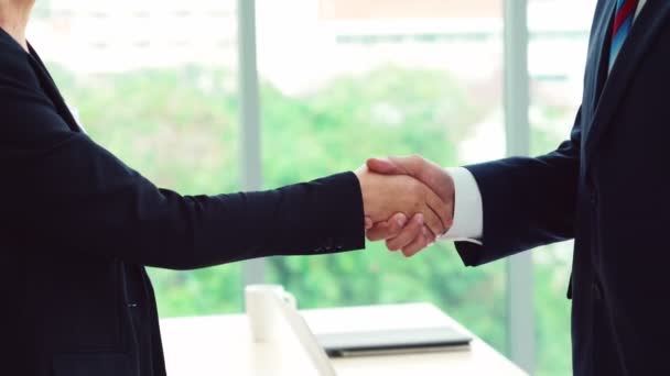 Az üzletemberek kezet ráznak a barátaikkal az irodában. - Felvétel, videó