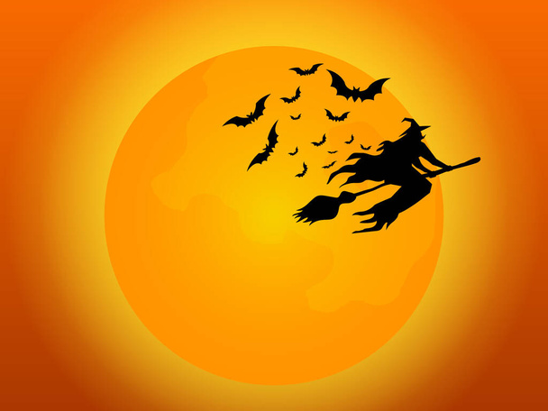 Ведьма, летающая с летучими мышами и полнолунием в ночь Хэллоуина - Вектор,изображение