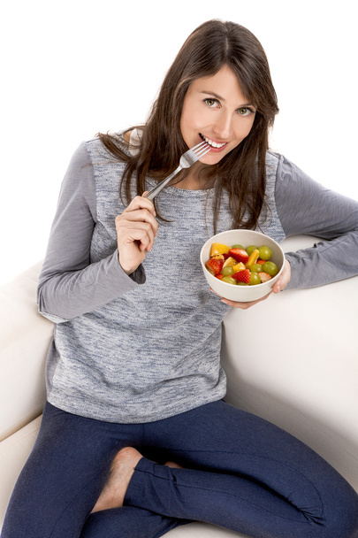 Woman  eating  fruit salad - Foto, Imagem