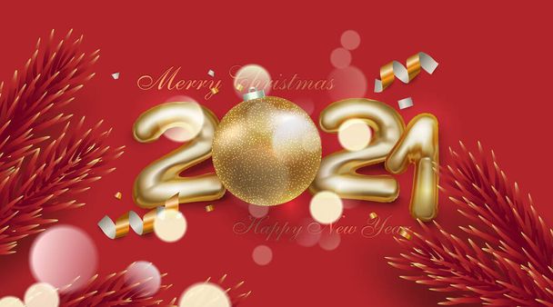 Feliz Navidad y feliz año nuevo 2021 3d realista brillante signo ilustración vector - Vector, imagen