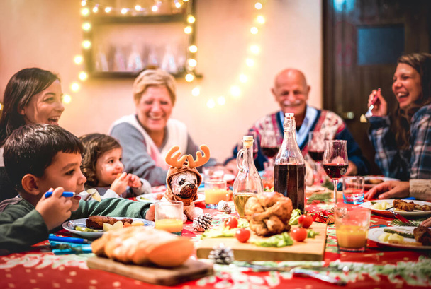 Monen sukupolven iso perhe pitää hauskaa joulujuhlissa talviloma x mas konsepti isovanhempien ja lasten kanssa syömässä yhdessä kotona illallinen Keskity koiranpentu lelu poro hattu - Valokuva, kuva