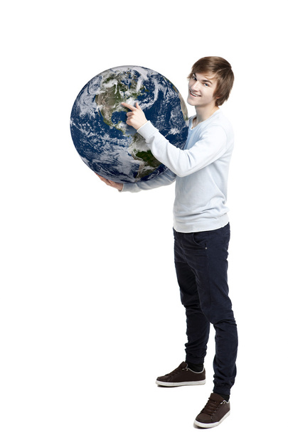 Holding and pointing to a planet earth - Foto, Imagem