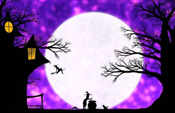 silhouette of a witch near the cauldron in the courtyard of the house at night against the background of a large beautiful moon - Foto, Imagem