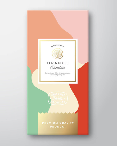 Orange Chocolate Label. Abstract Vector Packaging Design Layout with Soft Realistic Shadows. Modern Typography, Hand Drawn Citrus Silhouette and Colorful Background. - Wektor, obraz