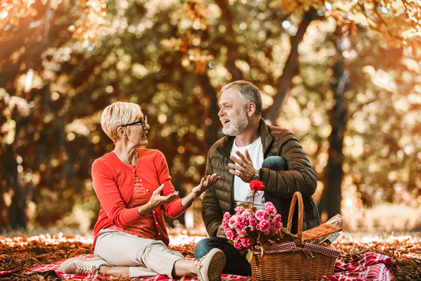 Happy senior couple having a picnic in autumn park - Fotó, kép