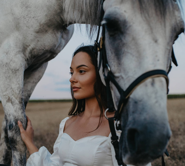 Портрет молодой задумчивой женщины и серой лошади на пастбище. - Фото, изображение