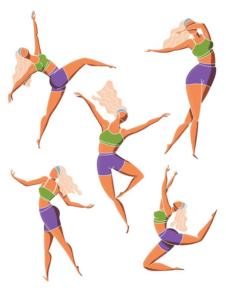 Zestaw tancerek pozuje. Kobiecy charakter w różnych pozycjach choreograficznych w odzieży sportowej. Kolorowy wektor ilustracji. - Wektor, obraz