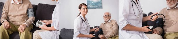 geriatrisen sairaanhoitajan kollaasi, jossa tutkitaan iäkästä miestä stetoskoopilla ja tonometrillä kotona, banneri - Valokuva, kuva