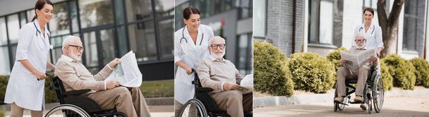 koláž seniorské ošetřovatelky chodící se starším zdravotně postiženým mužem na invalidním vozíku, čtení novin venku, prapor - Fotografie, Obrázek