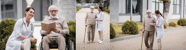 collage di uomo anziano che legge il libro e cammina con l'assistente sociale fuori, striscione - Foto, immagini