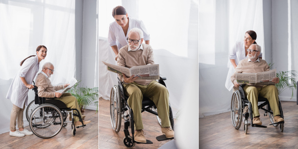 emotionaalisen geriatrisen sisaren kollaasi lähellä ikääntynyttä vammaista miestä lukemassa sanomalehteä pyörätuolissa, banneri - Valokuva, kuva