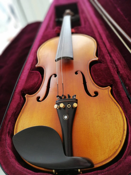 Violino e curvar-se em caso vermelho escuro. Fechar - Foto, Imagem