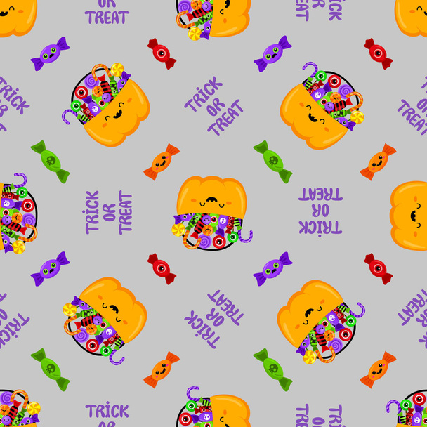 Halloween pumpkin basket sweets pattern. Vector in cartoon style. Kawaii. Trick or treat. Holiday symbols. Funny illustration. For fabric, textile, postcards, posters, flyers, backgrounds and papers. - Vector, afbeelding