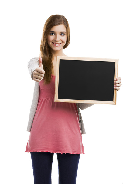 Woman holding chalkboard - Фото, изображение
