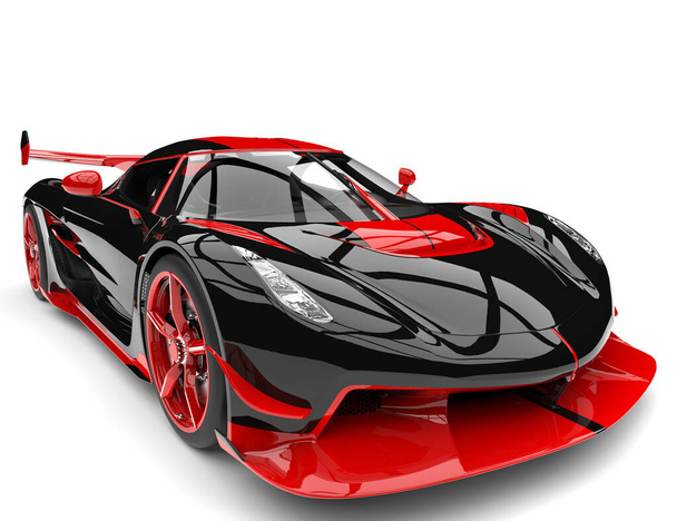 黒と赤のスポーツカーレーススーパーカー-ヘッドライトのクローズアップショット - 写真・画像