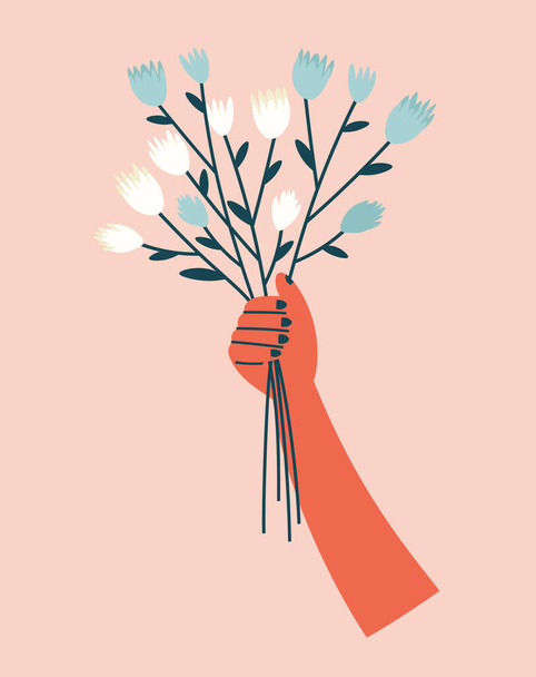 Ilustración vectorial de una mano con un ramo de flores blancas y azules. Ilustración de dar e intercambiar regalos. - Vector, Imagen