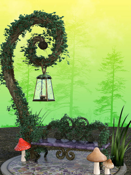 Bajkowa scena z krzesłem, roślinami, lampą, drzewami i grzybami.  - Zdjęcie, obraz