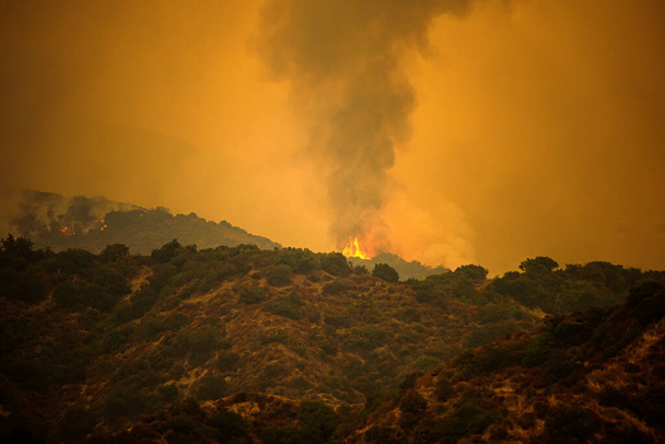 Kaliforniya dağlarında ateş ve duman. Orman yangınları. Hava kirliliği. Zehirli duman. Amerika 'da yangınlar. İklim değişikliği. - Fotoğraf, Görsel