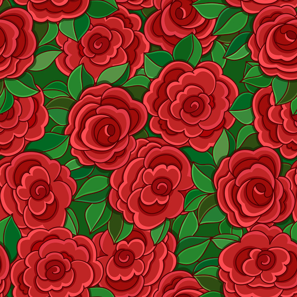 Seamless background with red roses and leaves. - Wektor, obraz