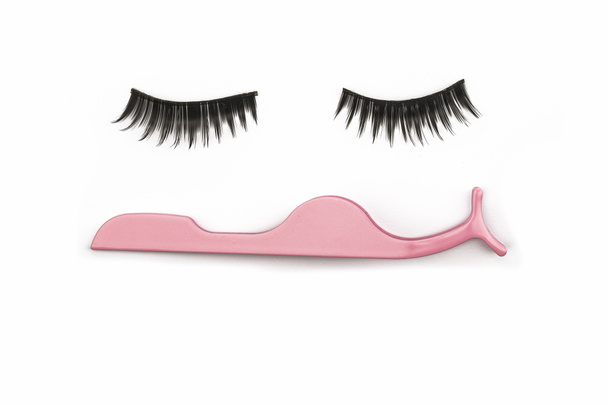 Two Eyelashes extensions with eyelash curler on white background - Photo, Image