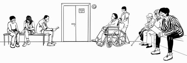 Patienten beim Warten auf einen Termin im Krankenhaus Kranke Menschen mit Schutzmasken. Skizze Vektorillustration schwarze Linie von Hand gezeichnet - Vektor, Bild