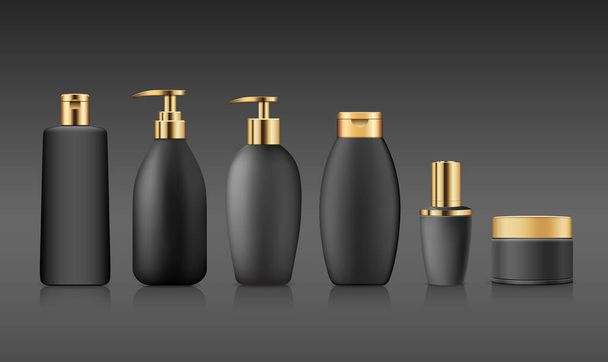 Bottle black products with gold cap, collection mock up template design on black background, Eps 10 vector illustration - Vector, Image