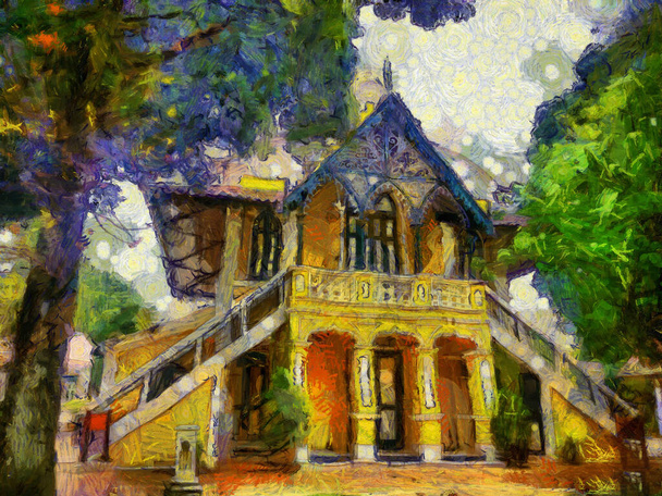 Gotická architektura ilustrace žlutý starověký dům ohromující mravenčí styl paintin - Fotografie, Obrázek