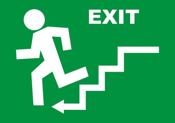 salida de emergencia, icono de vector blanco sobre fondo verde, hombre huyendo del peligro - Vector, Imagen