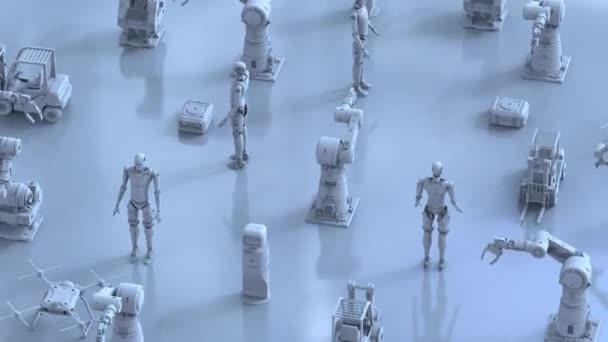 Gruppo di rendering 3d di robot di automazione isometrici su sfondo bianco 4k metraggio - Filmati, video