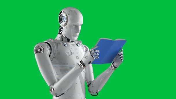 Machine learning concept met 3d rendering humanoïde robot het lezen van een boek op groen scherm achtergrond 4k beeldmateriaal - Video