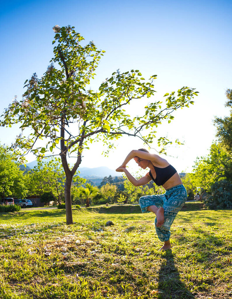 Το κορίτσι ασκεί γιόγκα στο πράσινο γρασίδι σε φόντο πράσινων δέντρων και βουνών, Μια γυναίκα εκτελεί asanas στο ηλιοβασίλεμα, Διαλογισμός στη φύση, Άσκηση για την ανάπτυξη της ισορροπίας. - Φωτογραφία, εικόνα