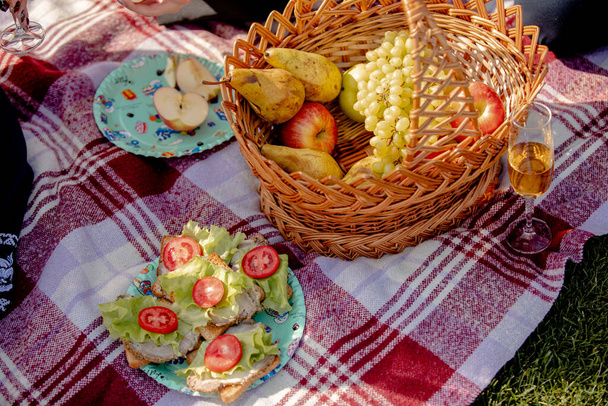 Piknikkori vihreällä nurmikolla. asetelma voileipiä, hedelmiä ja lasillinen valkoviiniä - Valokuva, kuva