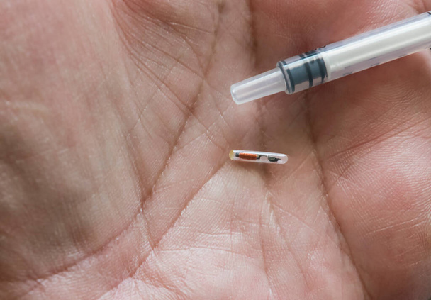 Close up of hand holding a syringe and electronic micro chip - Фото, зображення