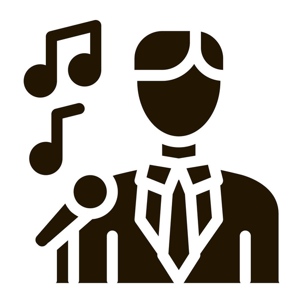 Hombre de traje con micrófono cantando recital icono de glifo. Micrófono y dinámico, concierto y teatro, ópera y pictograma de karaoke. Ilustración de contorno blanco y negro - Vector, imagen