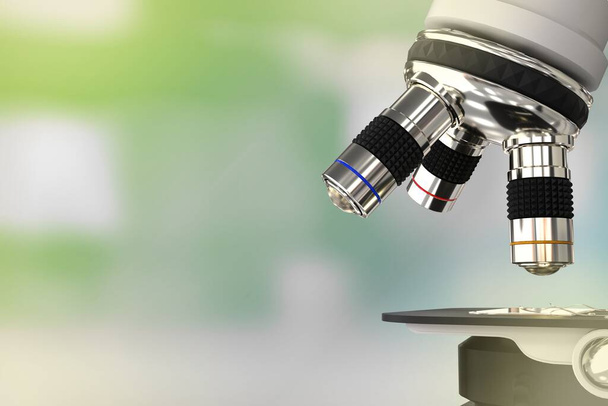 pharmaceutical discovery concept, object 3D illustration -  laboratory modern scientific microscope on bokeh background - Zdjęcie, obraz