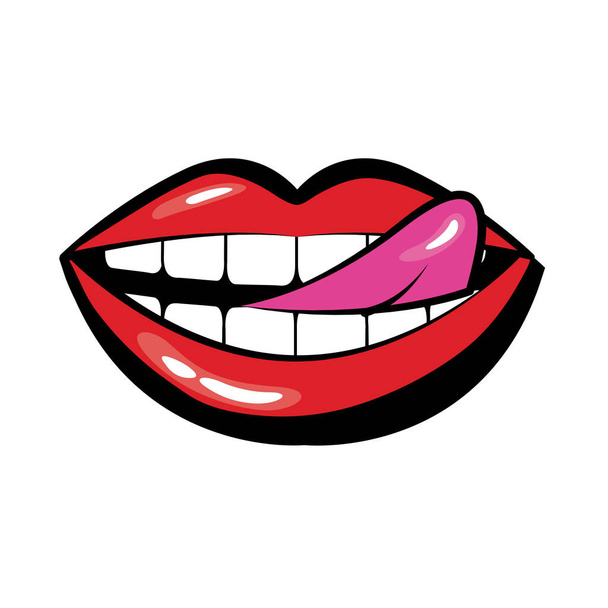 Pop art lamiendo la boca sensualmente los labios llenar el icono de estilo - Vector, Imagen