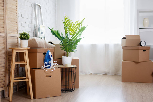Konzept des Umzugstages - Haufen von Kartons, Zimmerpflanzen und anderen häuslichen Dingen im hellen Wohnzimmer - Foto, Bild
