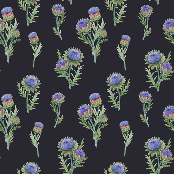 Beautiful seamless floral pattern with watercolor gentle blue blooming artichoke flowers. Stock illustration. - Foto, immagini