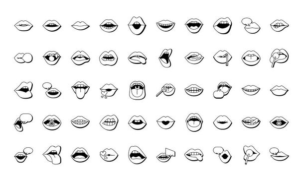 bundel van vijftig monden en lippen set pictogrammen - Vector, afbeelding