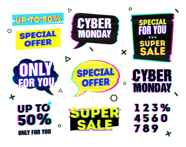 Set design template for cyber monday offer. Sign for web banner and promotion with bubble and geometric frame in glitch style. Computer style element for cyber sale event. Vector - Vektor, obrázek